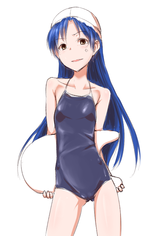 anger_vein arms_behind_back blue_hair clearite flat_chest idolmaster idolmaster_(classic) kickboard kisaragi_chihaya long_hair one-piece_swimsuit simple_background solo swim_cap swimsuit very_long_hair white_background