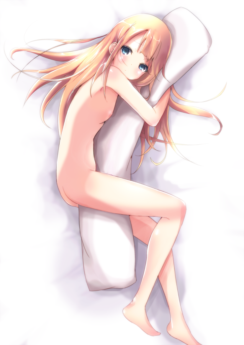 bad_id bad_pixiv_id barefoot blonde_hair blue_eyes blush body_pillow flat_chest ivioss long_hair looking_at_viewer lying nipples nude on_side original pillow pillow_hug solo