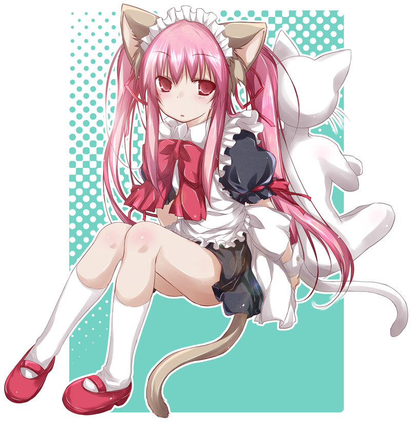 :o animal_ears blush bow cat_ears cat_tail hair_ribbon halftone halftone_background long_hair looking_at_viewer maid maid_headdress original outline pink_hair red_eyes ribbon sitting tail twintails wrist_cuffs yumesato_makura