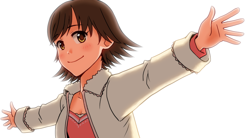 blush brown_eyes brown_hair honda_mio idolmaster idolmaster_cinderella_girls jacket seiran_kai short_hair smile solo