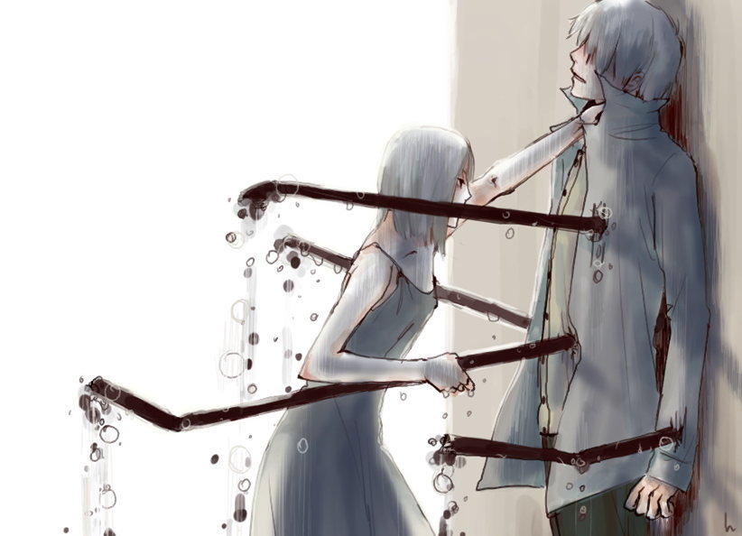 1boy 1girl asphyxiation blood bubble choking guro male silver_hair