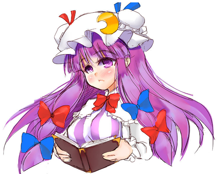 :t book bookshelf bow breasts capelet crescent dress hair_bow hat large_breasts long_hair mabuchoco_m patchouli_knowledge purple_eyes purple_hair ribbon solo touhou upper_body