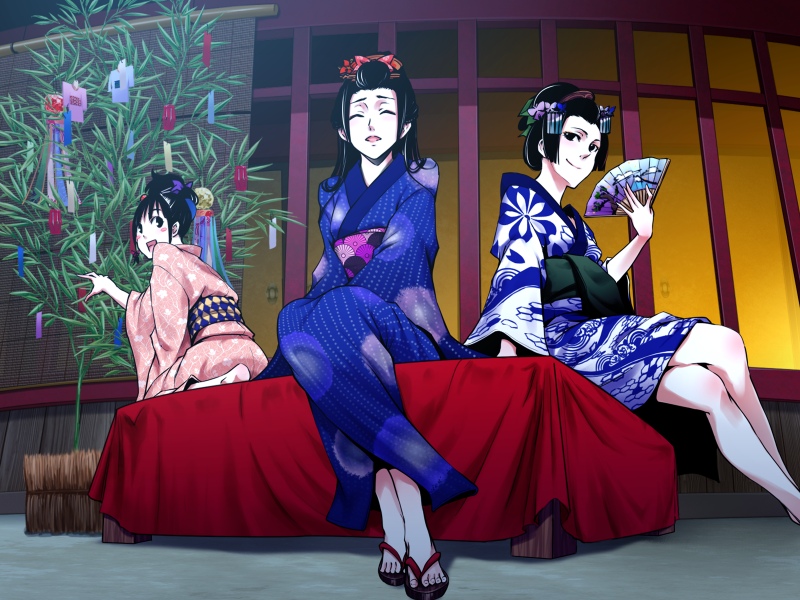 amane black_hair fan geisha hisasa japanese_clothes kimono liar-soft maybe oiran_rouge sitting smile tamakoto tree