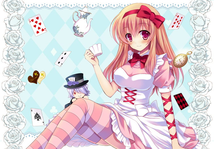 alice_(wonderland) alice_(wonderland)_(cosplay) alice_in_wonderland argyle argyle_background bad_id bad_pixiv_id blush brown_hair card character_doll cosplay cup dress heart holding kuroe_(sugarberry) long_hair looking_at_viewer pandora_hearts playing_card red_eyes ribbon sharon_rainsworth short_hair sitting smile solo striped striped_legwear teacup teapot thighhighs xerxes_break