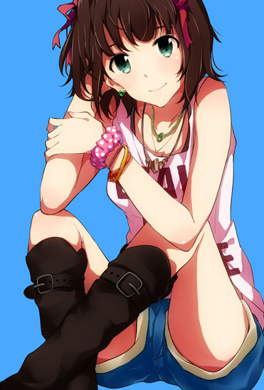 amami_haruka blush boots bracelet brown_hair earrings green_eyes hair_ribbon hand_in_hair idolmaster idolmaster_(classic) jewelry looking_at_viewer necklace ribbon ryouma_(galley) short_hair shorts simple_background sitting sleeveless smile solo