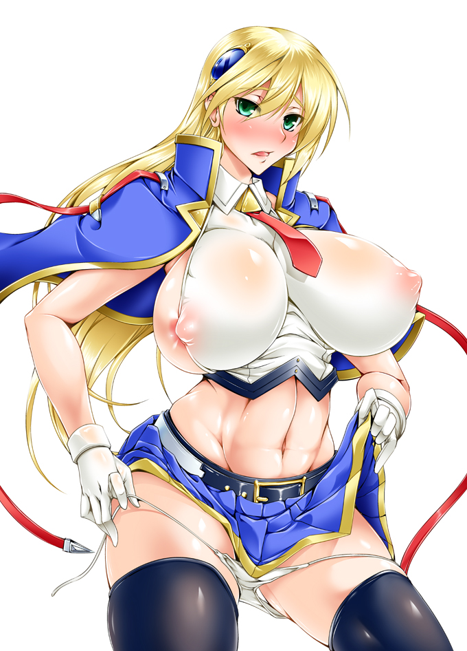 alternate_breast_size areola_slip areolae black_legwear blazblue blazblue:_chronophantasma blonde_hair blush breasts cape covered_nipples gloves green_eyes hair_ornament huge_breasts kanten long_hair midriff miniskirt navel necktie nipple_slip nipples noel_vermillion panties panty_pull ribbon see-through side-tie_panties skirt solo thighhighs underwear white_gloves white_panties