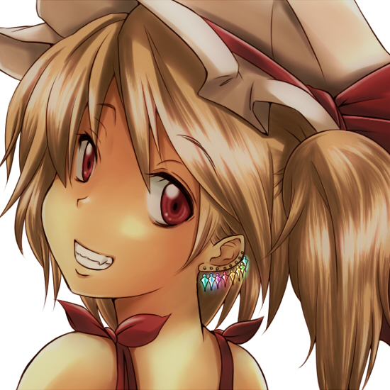 ao_usagi bare_shoulders blonde_hair earrings flandre_scarlet grin hat hat_ribbon jewelry looking_at_viewer looking_back mob_cap red_eyes ribbon side_ponytail smile solo touhou