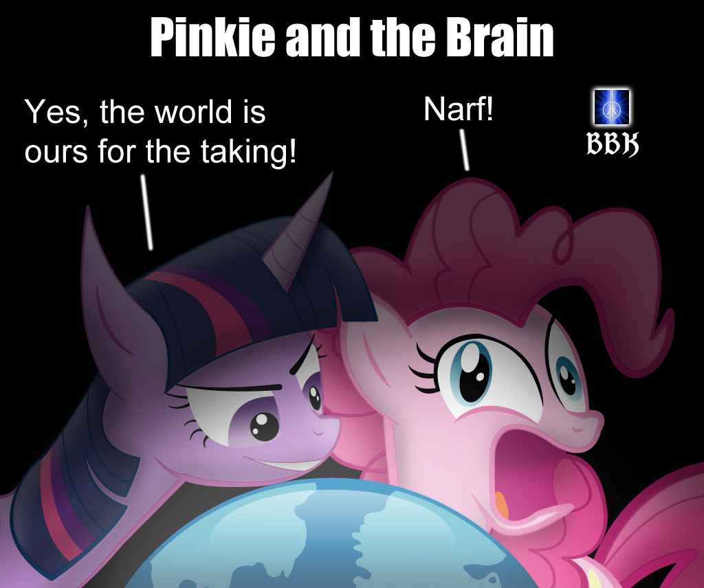 derp duo earth english_text equine female feral friendship_is_magic fur globe horn horse humor mammal my_little_pony narf parody pink_fur pinkie pinkie_and_the_brain pinkie_pie_(mlp) pinky pinky_and_the_brain pony pun text the_brain the_world twilight_sparkle_(mlp) unicorn world