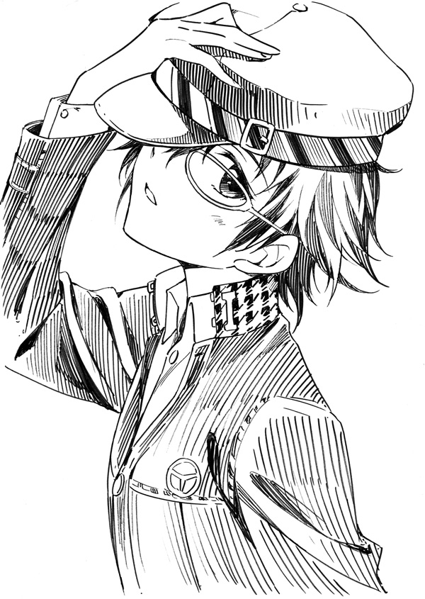 agahari blush cabbie_hat glasses greyscale hand_on_own_head hat hat_tip head_tilt looking_at_viewer monochrome open_mouth persona persona_4 shirogane_naoto short_hair simple_background solo upper_body white_background