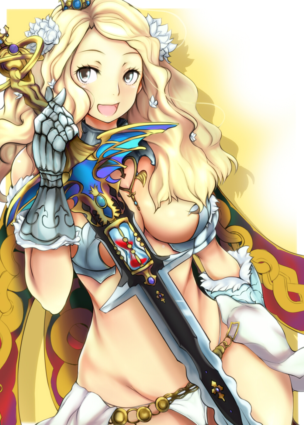 armor bad_id bad_pixiv_id belt bikini_armor blonde_hair breasts cape cleavage code_of_princess crown flower gauntlets ginji74 gradient gradient_background highres large_breasts long_hair open_mouth panties shadow smile solange_blanchefleur_de_luxe solo sword thong underwear wavy_hair weapon white_eyes wide_hips