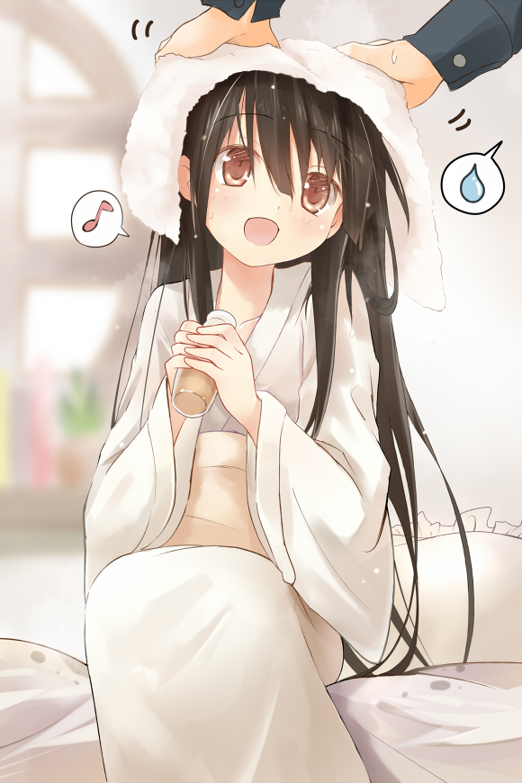 black_hair bottle brown_eyes drying drying_hair efe eighth_note houraisan_kaguya japanese_clothes kimono long_hair musical_note open_mouth revision sitting smile solo speech_bubble spoken_musical_note spoken_sweatdrop sweatdrop touhou towel
