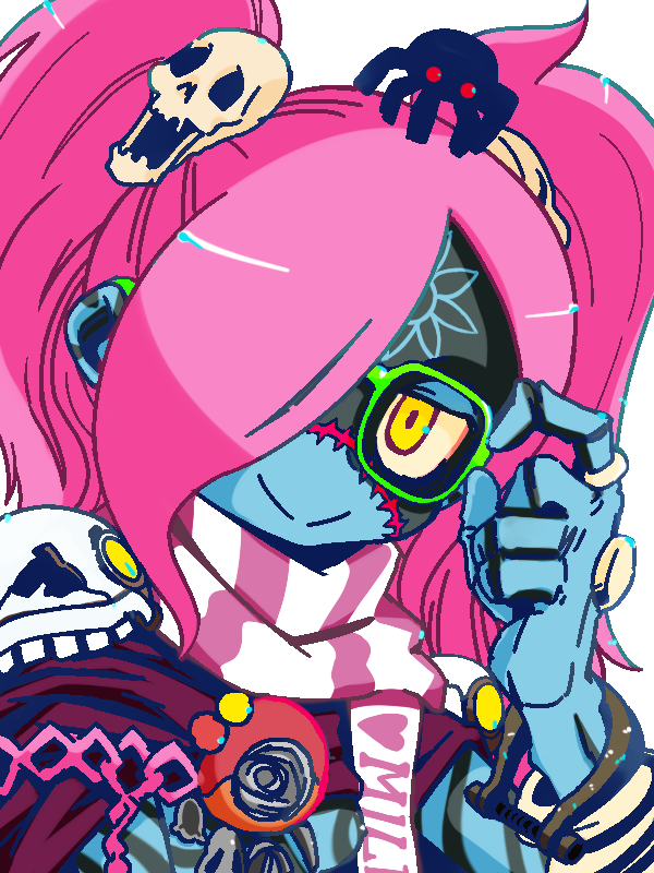 1girl antan bespectacled blue_skin code_of_princess glasses hair_ornament lady_zozo pink_hair red_eyes scarf skull_hair_ornament smile solo spider stitches yellow_eyes zombie
