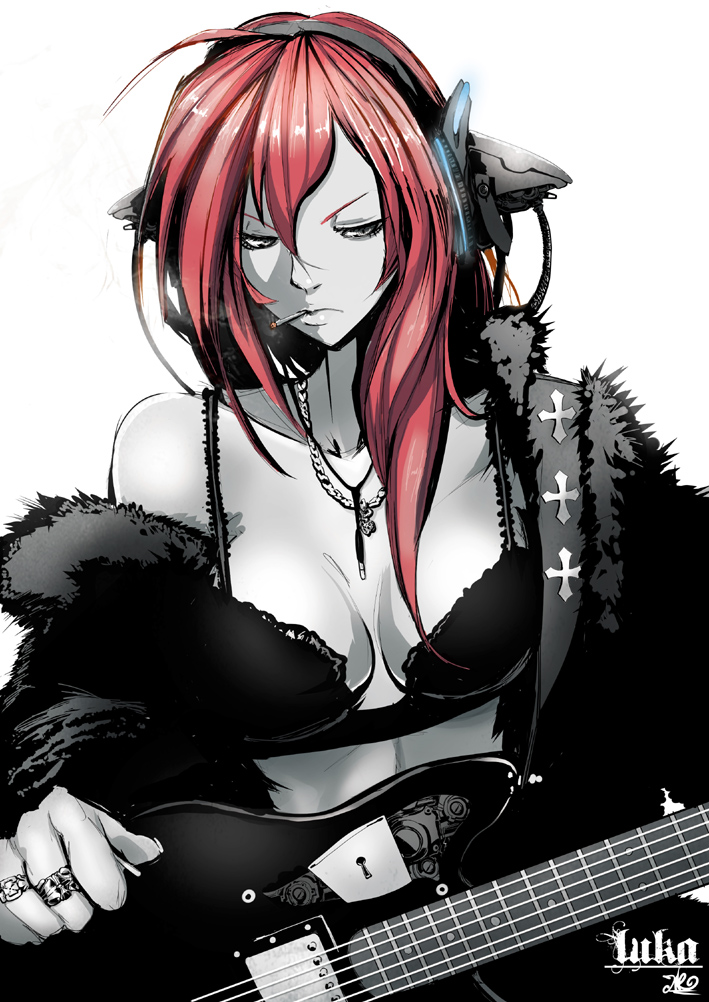 breasts cigarette cleavage electric_guitar guitar instrument jewelry jinbei long_hair medium_breasts megurine_luka necklace pink_hair ring silver_eyes smoking solo vocaloid