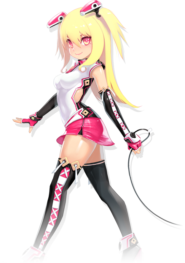 blonde_hair breasts elbow_gloves fingerless_gloves full_body gloves hair_ornament kamdia long_hair looking_at_viewer medium_breasts miniskirt pangya red_eyes skirt smile solo spika_(pangya) thighhighs transparent_background two_side_up