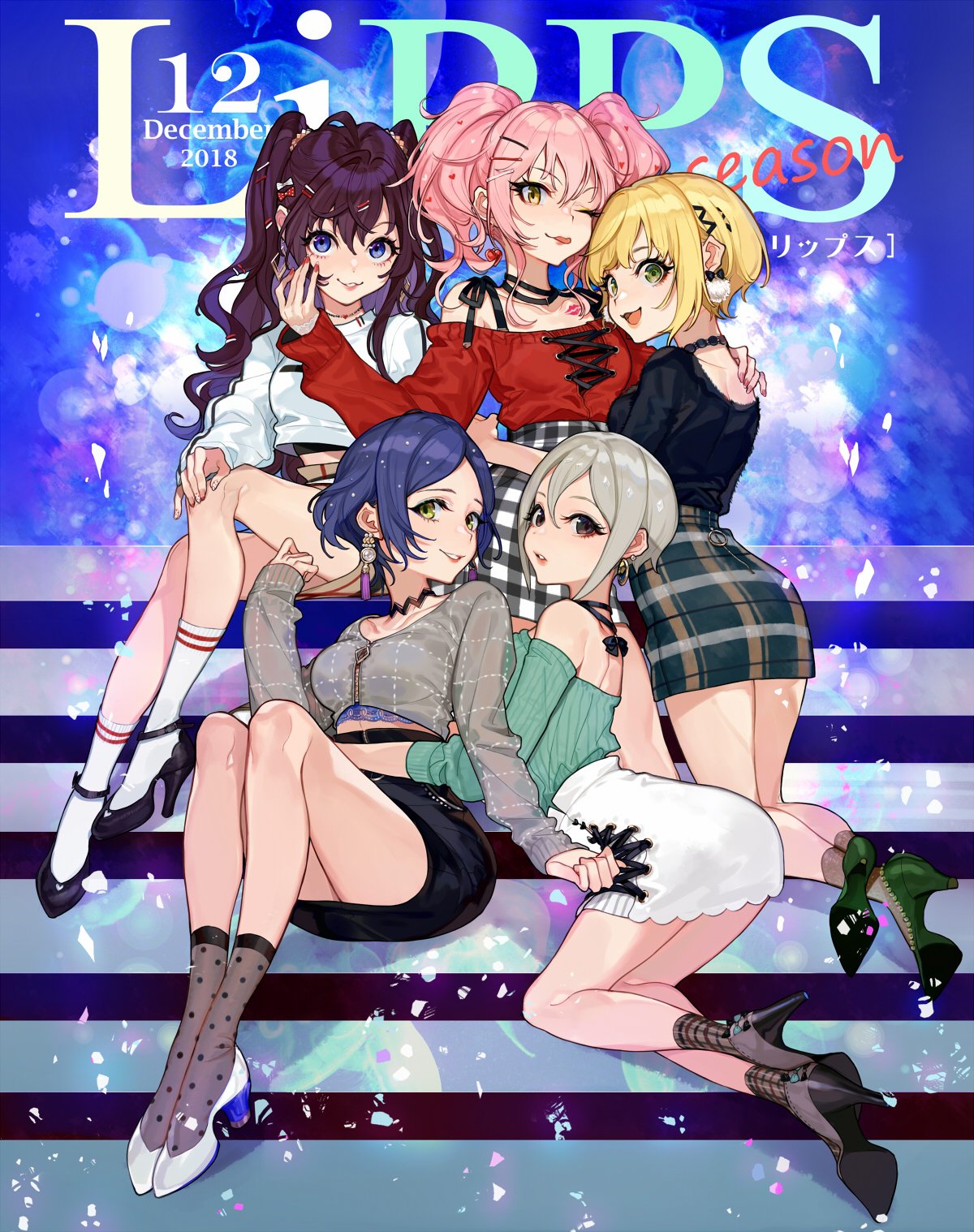 5girls :3 ;p ahoge bangs bare_shoulders black_eyes blonde_hair blouse blue_eyes blue_hair blush bow bow_earrings brown_hair choker collarbone commentary confetti cover cross-laced_clothes dated earrings eyelashes full_body green_eyes grey_hair group_name hair_between_eyes hair_bow hair_ornament hairclip hayami_kanade heart heart_earrings high_heels highres ichinose_shiki idolmaster idolmaster_cinderella_girls idolmaster_cinderella_girls_starlight_stage jewelry jougasaki_mika lipps_(idolmaster) long_hair long_sleeves looking_at_viewer magazine_cover miyamoto_frederica multiple_girls nail_polish necklace off-shoulder_sweater one_eye_closed open_mouth parted_bangs parted_lips pink_hair plaid plaid_skirt see-through shiomi_shuuko short_hair sitting skirt smile socks stairs sweater tongue tongue_out twintails two_side_up wavy_hair yellow_eyes yuu_(higashi_no_penguin)