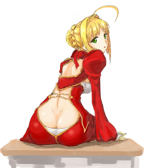 ahoge ass back_cutout bare_back blonde_hair butt_crack dimples_of_venus downpants dress fate/extra fate_(series) from_behind green_eyes juliet_sleeves long_sleeves looking_back nero_claudius_(fate) nero_claudius_(fate)_(all) puffy_sleeves solo wantsupanchi!!