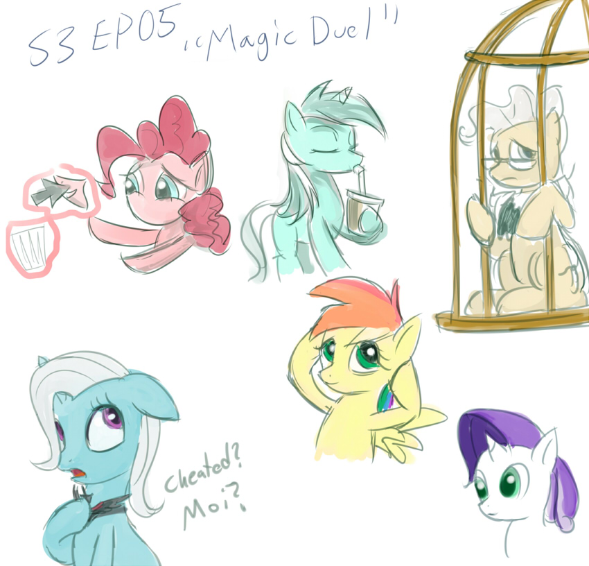 alicorn_amulet amulet blue_eyes cage cup cutie_mark drink equine female feral fluttershy_(mlp) friendship_is_magic glowing hair horn horse lyra_(mlp) lyra_heartstrings_(mlp) magic mammal mayor_mare_(mlp) multi-colored_hair my_little_pony pegasus pinkie_pie_(mlp) plain_background pony purple_eyes raikoh-illust rainbow_hair straw sweetie_belle_(mlp) trash_can trixie_(mlp) two_tone_hair unicorn white_background wings