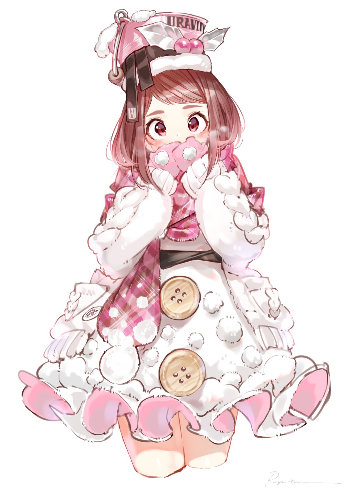 1girl blush boku_no_hero_academia brown_eyes brown_hair buttons character_name coat covering_mouth dress hat highres holly looking_at_viewer pink_hat pink_mittens plaid plaid_scarf ryota_(ry_o_ta) scarf short_hair sidelocks simple_background solo uraraka_ochako white_background white_coat white_dress winter_clothes winter_coat