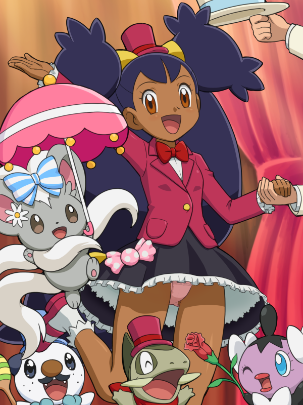 1girl ass_visible_through_thighs axew big_hair bow bowtie brown_eyes cinccino curtains dark_skin dent_(pokemon) flower formal frilled_skirt frills gen_5_pokemon gothita hair_ornament hairclip hat holding_hands iris_(pokemon) jacket leg_lift long_hair looking_at_viewer mary_janes mini_hat mini_top_hat miniskirt open_mouth oshawott panties pantyshot pantyshot_(standing) pink_panties pokemoa pokemon pokemon_(anime) pokemon_(creature) pokemon_bw_(anime) purple_hair red_flower red_rose rose shoes skirt smile socks stage standing standing_on_one_leg top_hat two_side_up umbrella underwear very_long_hair