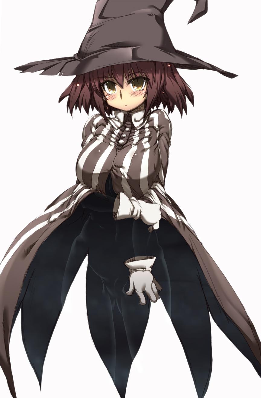 blush breasts brown_eyes cowl gloves hat highres houshin_engi invisible kinkouseiba large_breasts purple_hair revision short_hair solo tokyo_(great_akuta) witch_hat