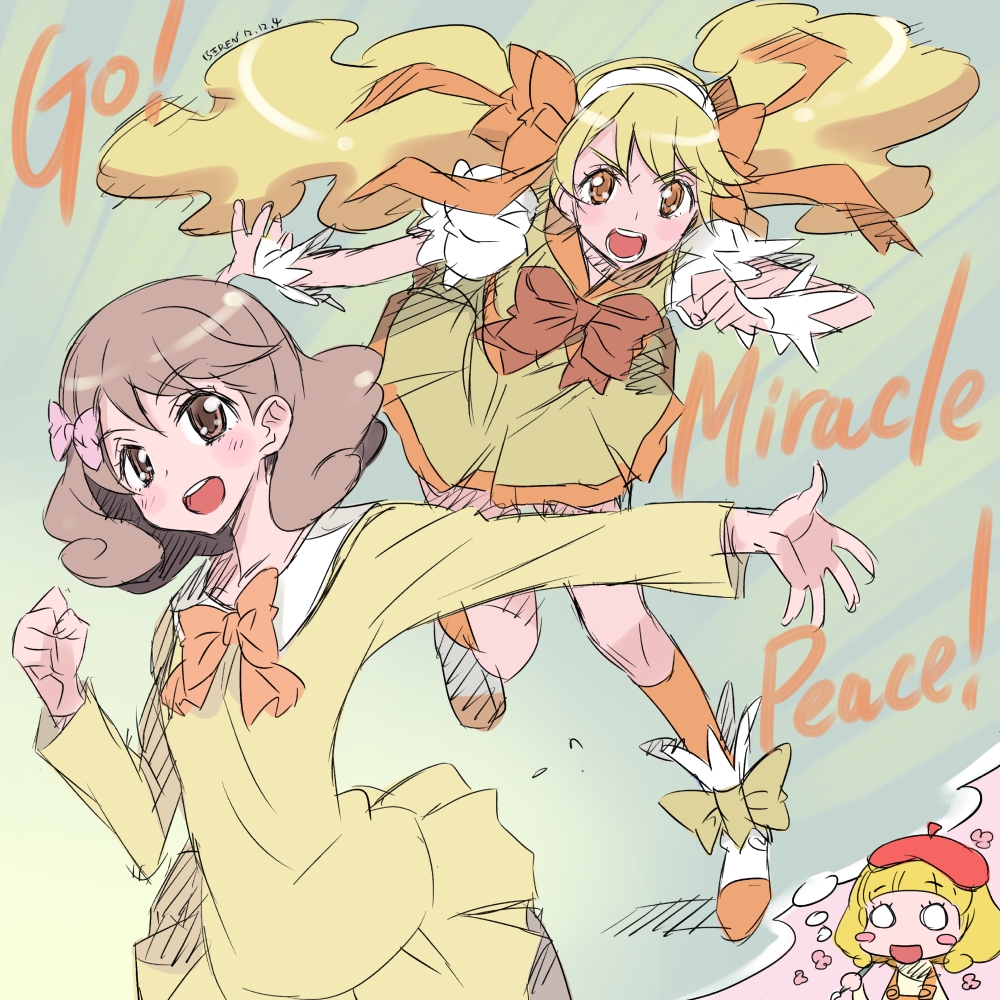 beret blonde_hair bow brown_eyes brown_hair dress hair_bow hat isedaichi_ken kise_yayoi long_hair looking_at_viewer miracle_peace multiple_girls open_mouth precure short_hair smile smile_precure! thought_bubble twintails very_long_hair wrist_cuffs