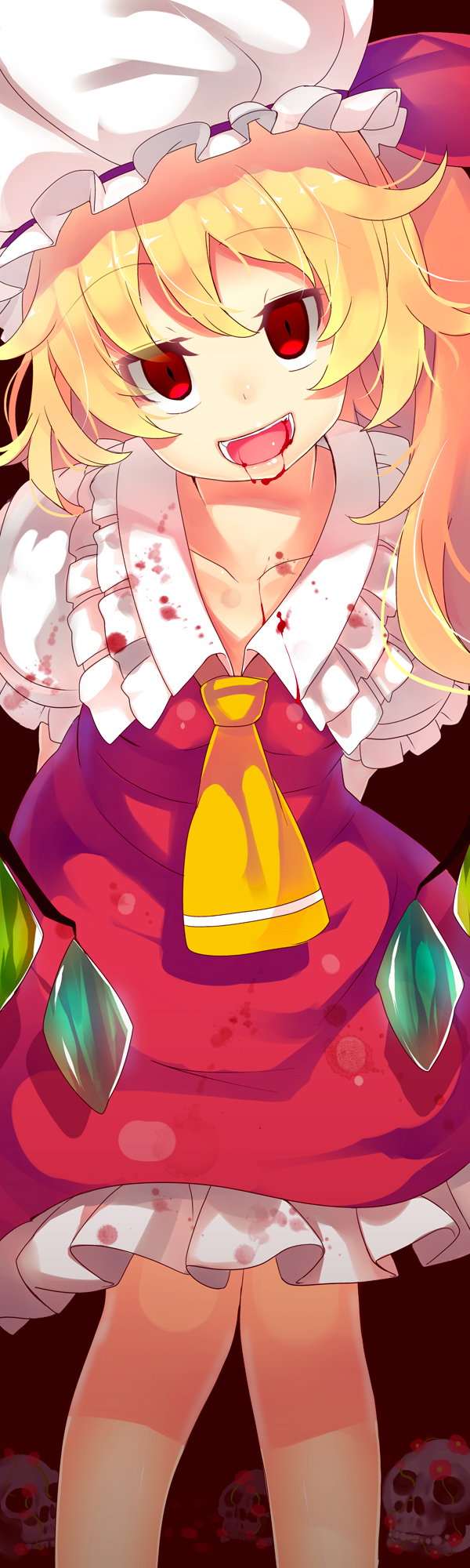 arms_behind_back ascot blonde_hair blood collarbone fangs flandre_scarlet hat highres open_mouth red_eyes slit_pupils solo touhou wings yuuji_(yukimimi)