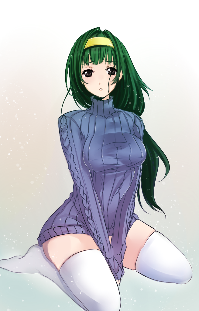 aiba_mikoto blush breasts cross_edge drawfag green_hair hairband large_breasts long_hair naked_sweater purple_eyes ribbed_sweater sitting snowing solo sweater thighhighs turtleneck v_arms wariza white_legwear