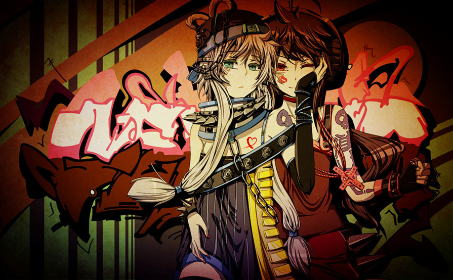 chain gloves graffiti jin_chongtian lipstick_mark luo_tianyi multiple_girls tattoo vocaloid vocanese yuezheng_ling