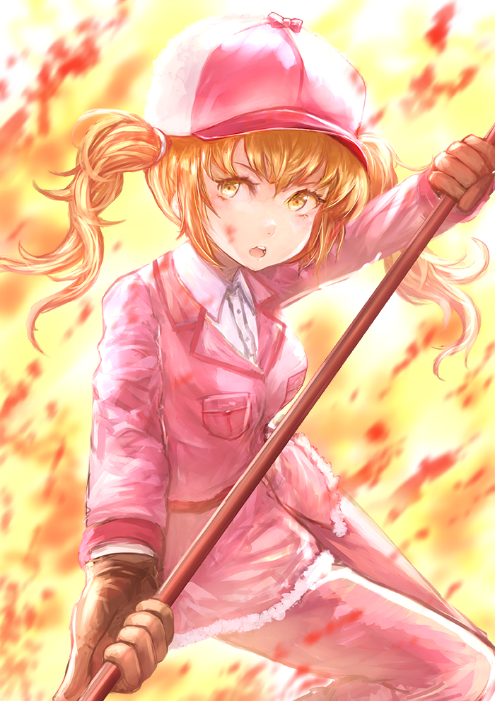 1girl baseball_cap blonde_hair blood blood_on_face brown_gloves eosinophil_(hataraku_saibou) fatherland2009 fur_trim gloves hat hataraku_saibou holding_polearm jacket looking_at_viewer open_mouth pants pink_hat pink_pants simple_background solo standing twintails yellow_eyes