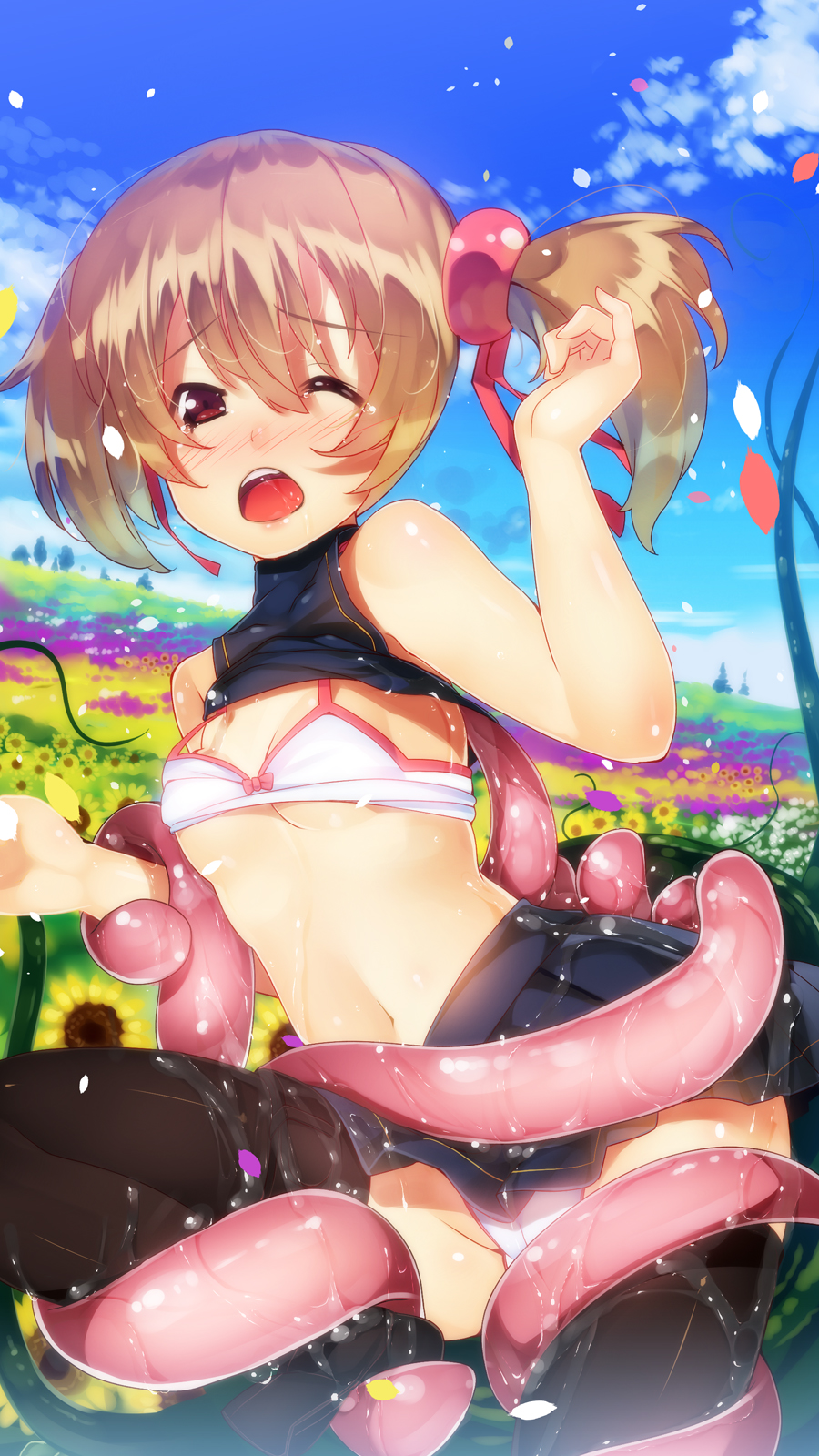 ;o black_legwear blush breasts brown_hair flower highres navel one_eye_closed open_mouth red_eyes saliva shirt_lift short_twintails silica skirt small_breasts solo sunflower sword_art_online tentacles thighhighs twintails yuuji_(yukimimi)