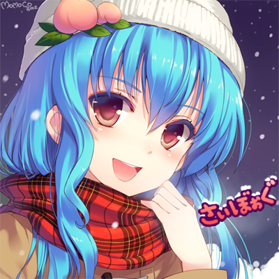 :d alternate_costume avatar_icon bad_id bad_pixiv_id beanie blue_hair coat contemporary face food fruit hat hinanawi_tenshi long_hair looking_at_viewer lowres momoko_(momopoco) open_mouth peach plaid plaid_scarf red_eyes scarf smile snow solo touhou