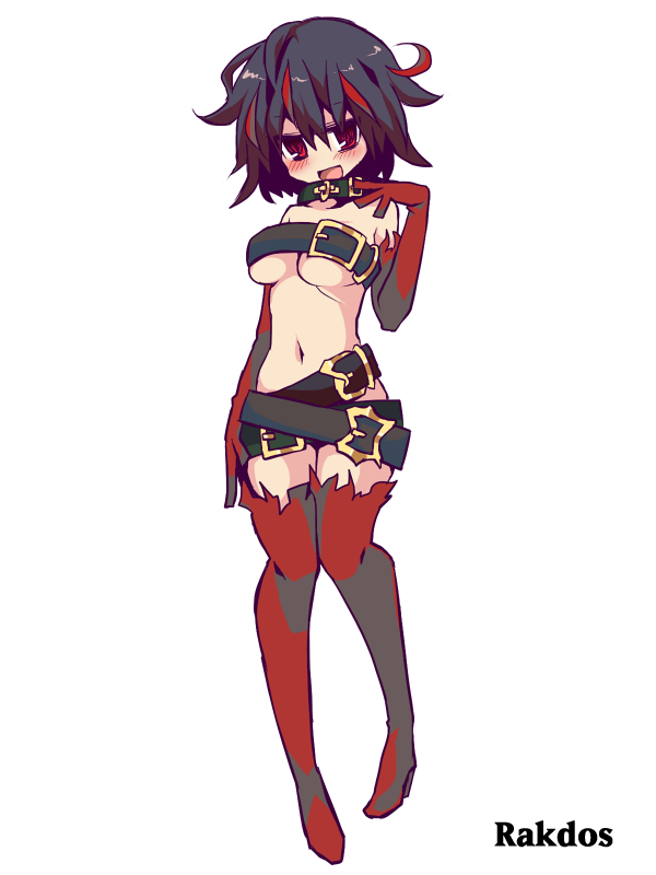 belt beltbra beltskirt black_hair blush boots breasts character_name collar elbow_gloves gloves image_sample magic:_the_gathering md5_mismatch messy_hair multicolored multicolored_eyes multicolored_hair navel oshiruko_(tsume) personification pixiv_sample red_hair short_hair solo thigh_boots thighhighs two-tone_hair underboob