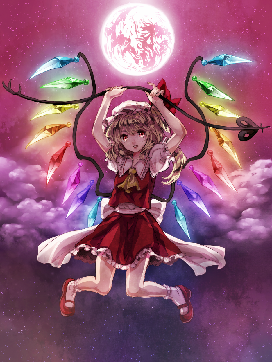 :d aimai-me arms_up ascot bad_id bad_pixiv_id blonde_hair bobby_socks bow flandre_scarlet full_moon hat hat_bow hat_ribbon highres holding laevatein large_bow looking_at_viewer mary_janes moon open_mouth red_eyes red_moon red_sky ribbon shoes short_hair side_ponytail skirt skirt_set sky smile socks solo star_(sky) starry_sky touhou white_legwear wings