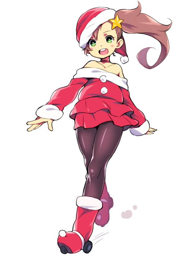 bare_shoulders boots brown_hair choker chousoku_henkei_gyrozetter full_body green_eyes hat inaba_rinne legs long_hair open_mouth pantyhose roller_skates santa_costume santa_hat side_ponytail simple_background skates solo star thighs ukokkei white_background