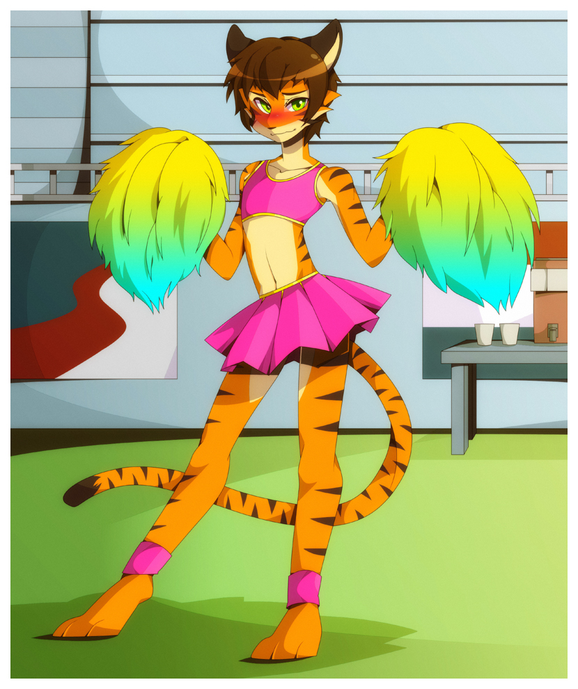 blush brown_hair cheerleader crossdressing danboyya2000 feline girly green_eyes hair looking_at_viewer male mammal pom_poms saba skirt solo standing tiger