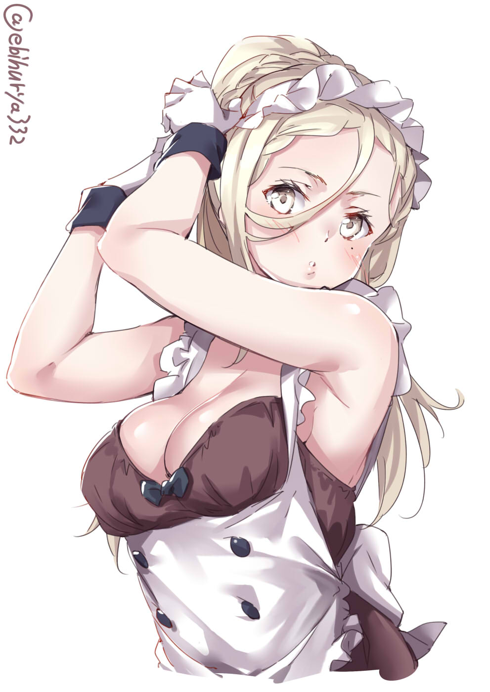 1girl adjusting_hair alternate_costume apron armpits bare_shoulders blonde_hair blush breasts buttons cleavage collarbone dress ebifurya enmaided gloves hair_between_eyes highres kantai_collection large_breasts lips long_hair looking_at_viewer maid maid_apron maid_headdress mole mole_under_eye ponytail richelieu_(kantai_collection) sleeveless sleeveless_dress twitter_username white_background white_gloves