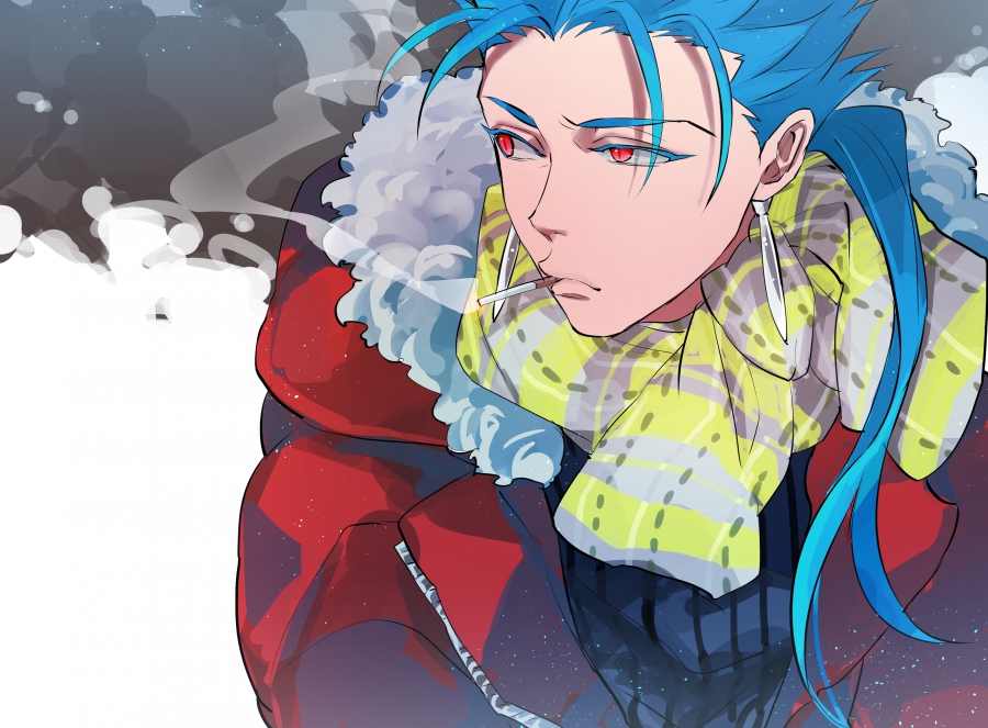 bad_id bad_pixiv_id blue_hair casual cigarette coat earrings fate/stay_night fate_(series) jewelry lancer long_hair male_focus mayuki_(ubiquitous) ponytail red_eyes smoking solo