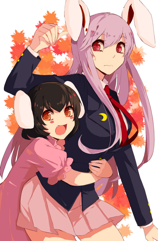:d animal_ears bad_id bad_pixiv_id black_hair blazer bunny_ears crescent fang hug hug_from_behind inaba_tewi ishiaji jacket lavender_hair long_hair multiple_girls necktie open_mouth red_eyes red_neckwear reisen_udongein_inaba short_hair skirt smile touhou wavy_mouth