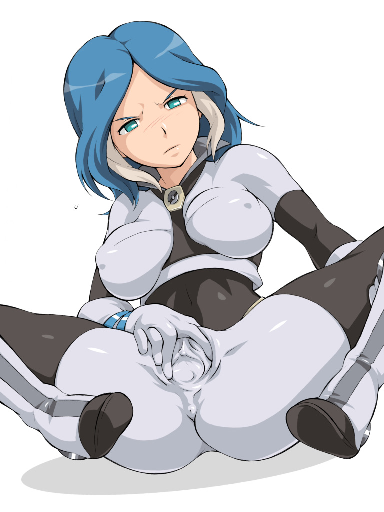 1girl anus ass blue_hair blush bodysuit boots breasts clitoris feet female green_eyes inazuma_eleven inazuma_eleven_(series) large_breasts legs looking_at_viewer merry_program multicolored_hair pussy short_hair simple_background sitting skin_tight solo spread_legs spread_pussy spread_pussy_under_clothes thighs urubida white_background