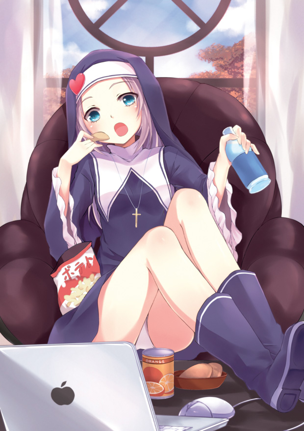 apple_inc. blue_eyes boku_wa_tomodachi_ga_sukunai boots bottle cat chair chips computer cross cross_necklace curtains food habit heart holding jewelry kamon_(shinshin) knees_up laptop looking_at_viewer mouse_(computer) necklace open_mouth panties potato_chips short_hair silver_hair sitting solo takayama_maria underwear white_panties window