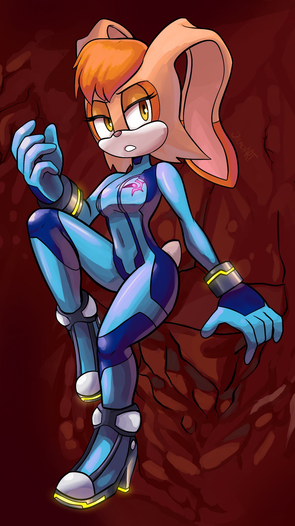 anthro bodysuit bracelet clothing cosplay eyelashes female footwear hi_res high_heels jamoart jewelry lagomorph long_ears looking_at_viewer mammal metroid nintendo rabbit shoes sitting skinsuit sonic_(series) tight_clothing vanilla_the_rabbit video_games yellow_eyes zero_suit