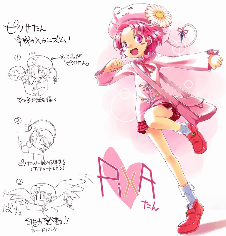 :3 antenna_hair bag blush_stickers character_name checkered checkered_skirt flower hair_flower hair_ornament hat heart leg_up open_mouth original outstretched_arm personification pink_eyes pink_hair pixa ribbon school_uniform shoes short_hair shoulder_bag skirt socks solo tatata white_legwear wings