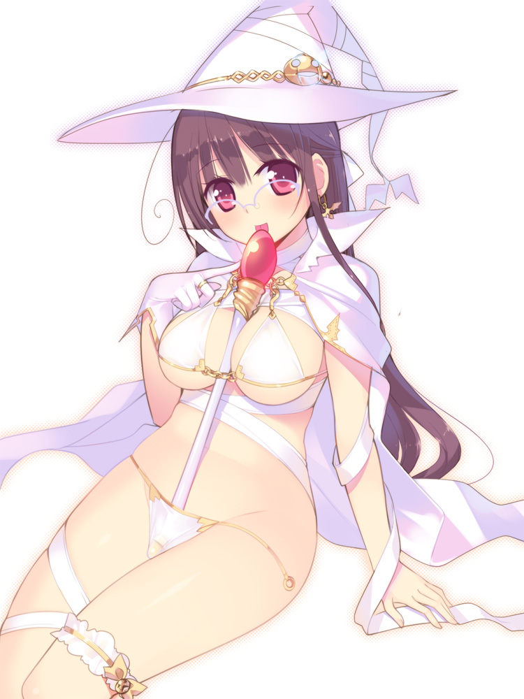 :p ahoge arima_senne between_breasts bikini blush breasts brown_hair cleavage earrings glasses gloves hat jewelry kashiwamochi_yomogi large_breasts long_hair looking_at_viewer original red_eyes simple_background single_glove sitting smile solo staff swimsuit tongue tongue_out white_bikini witch_hat