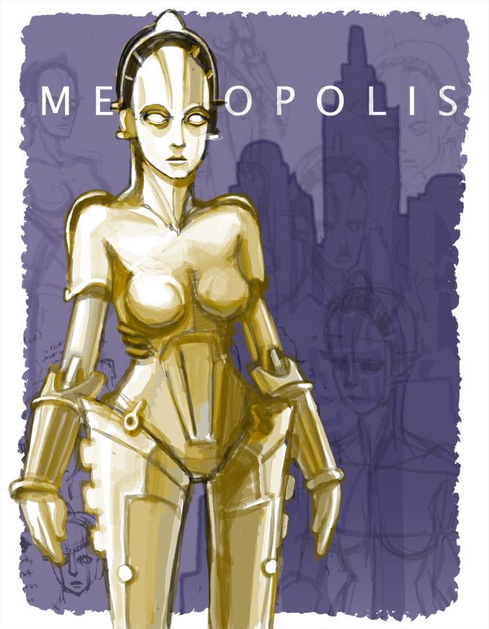 android breasts cityscape copyright_name cyberpunk jonathan_kim maschinenmensch medium_breasts metropolis_(fritz_lang) no_humans robot science_fiction solo