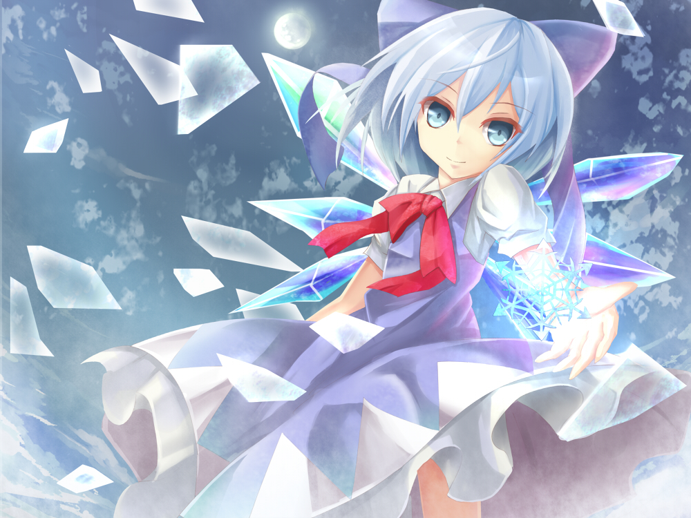 bad_id bad_pixiv_id blue_dress blue_eyes blue_hair bow cirno dress hair_bow ice looking_at_viewer puffy_sleeves revision shirt short_hair short_sleeves smile snowflakes solo touhou wakame_mi wings