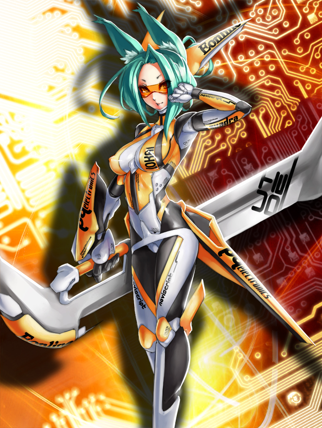 animal_ears bodysuit breasts covered_nipples eu03 fox_ears goggles green_hair huge_weapon large_breasts original revision skin_tight solo weapon