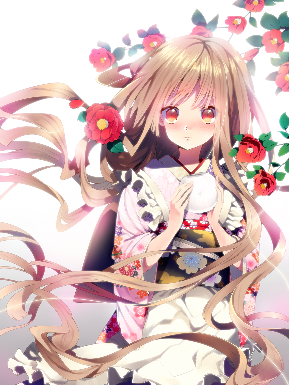 blush brown_hair flower gradient gradient_background highres holding japanese_clothes kimono long_hair looking_at_viewer original red_eyes rugo solo sparkle very_long_hair