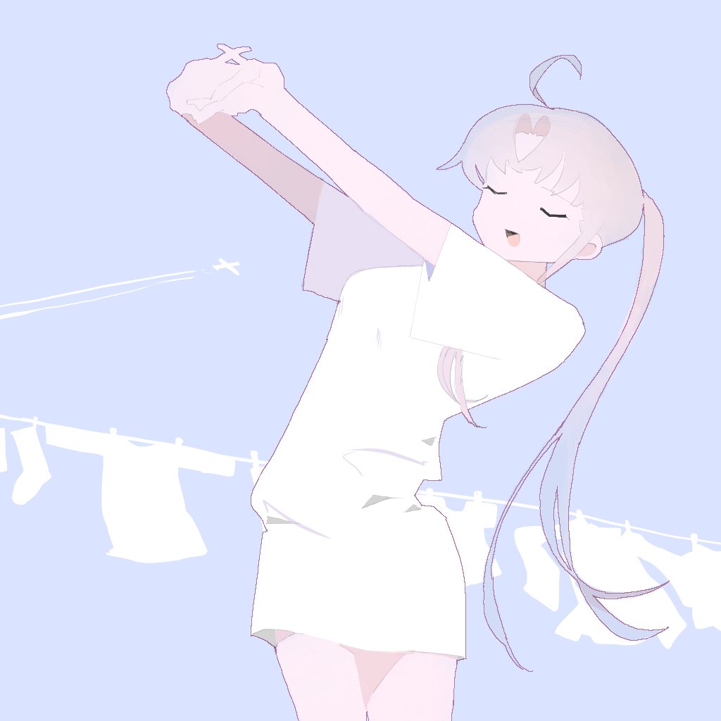 1girl ahoge aircraft airplane akitsushima_(kantai_collection) bangs blue_background clothesline eyes_closed hageshii_nakano hair_between_eyes kantai_collection laundry open_mouth outstretched_hand shirt side_ponytail silver_hair simple_background skirt solo stretch white_shirt white_skirt