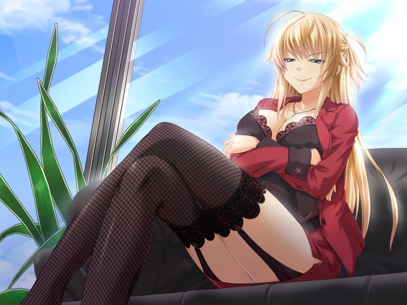 1girl black_legwear blonde_hair breast_hold breasts cleavage cloud clouds crossed_arms fishnet_legwear fishnet_stockings fishnets formal game_cg garter_straps green_eyes indoors lace lace-trimmed_thighhighs large_breasts legs legs_crossed legwear long_hair long_legs naughty_face shiizaki_hinaki sitting skirt skirt_suit sky smile solo stockings suit sunlight thighhighs thighs window