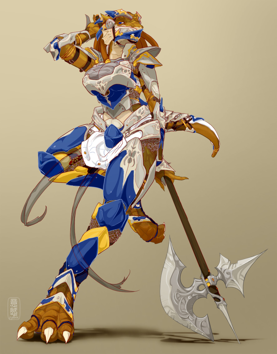 2011 aleisandra anthro armor big_breasts blue_eyes breasts brown_hair chainmail claws female fins fydbac hair halberd helmet horn leaning looking_away polearm pose reptile riptideshark scalie shadow solo weapon